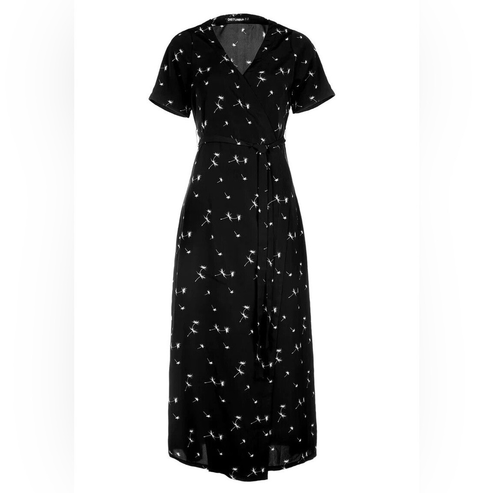 Disturbia Black Blithe Short Sleeve Maxi Wrap Floral V neck Dress